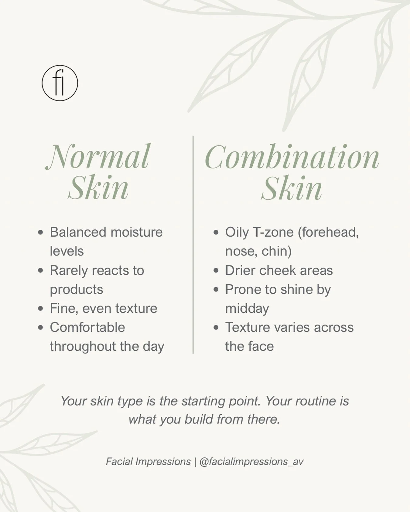 Most skin sits somewhere in the middle ✨

Normal skin is balanced &mdash; it holds moisture without becoming oily and generally feels comfortable throughout the day. Combination skin is more complex, with an oilier T-zone and drier patches around the