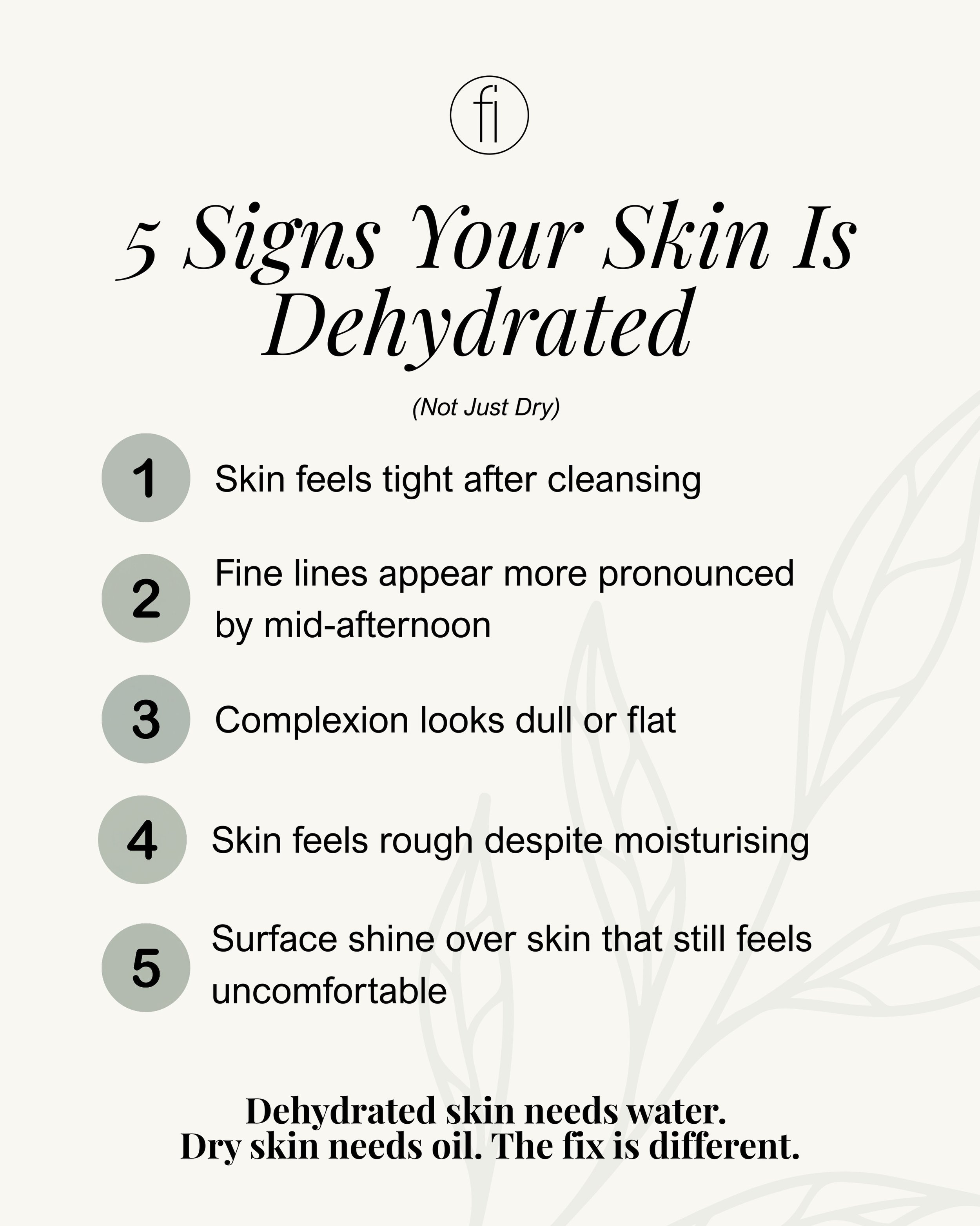 Dehydration and dryness are not the same thing ✨

Dry skin is a skin type &mdash; it lacks oil. Dehydrated skin is a condition &mdash; it lacks water. And it can happen to any skin type, including oily skin.

The signs are subtle at first. Tightness,