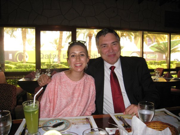 My dad and I having lunch at a restaurant in Doha, Qatar in 2008.