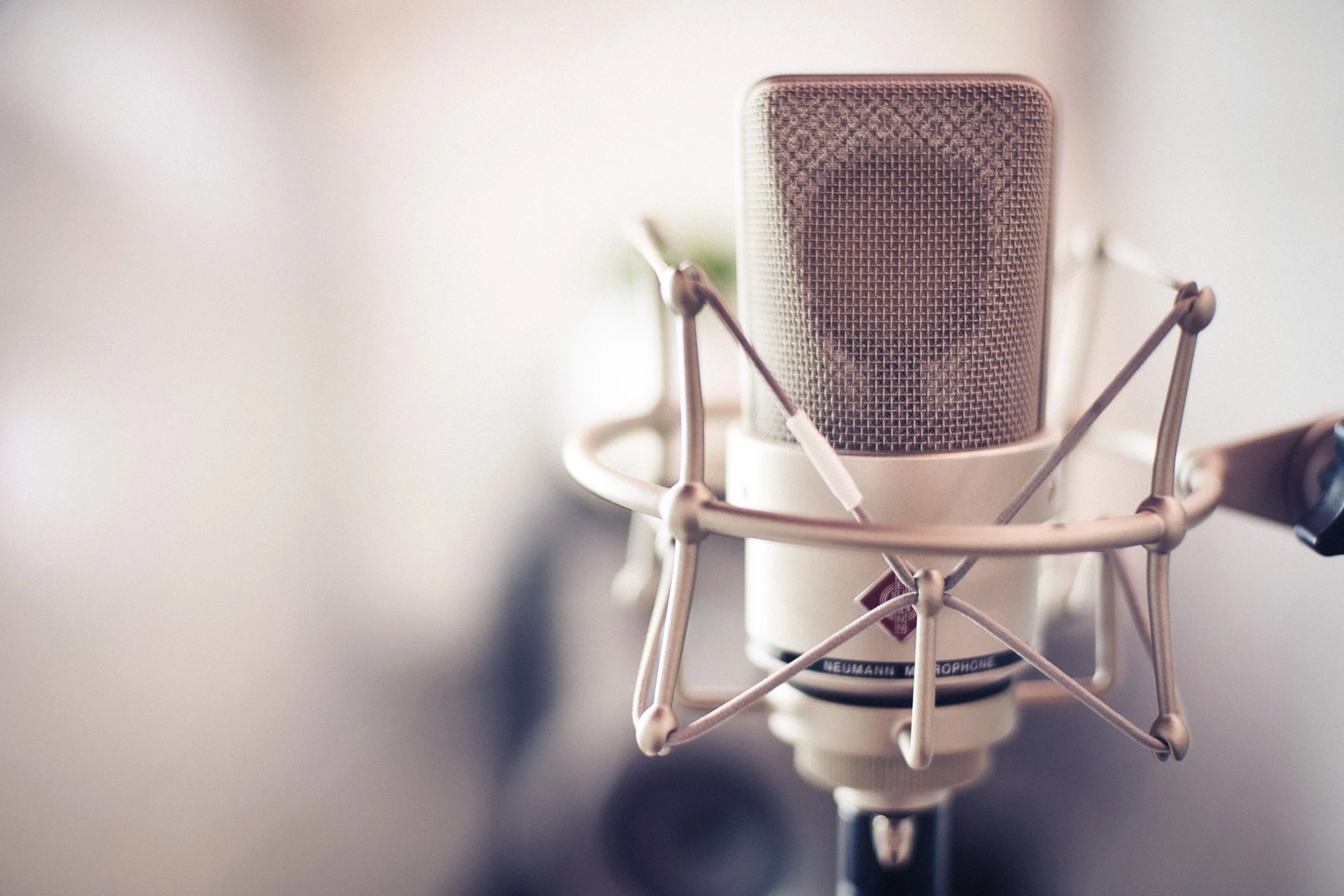 A close-up of a professional recording microphone mounted on a shock mount against a blurred background.