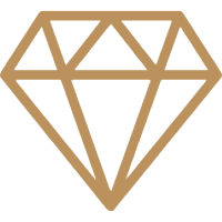 A stylized illustration of a diamond with a black background and gold outline.