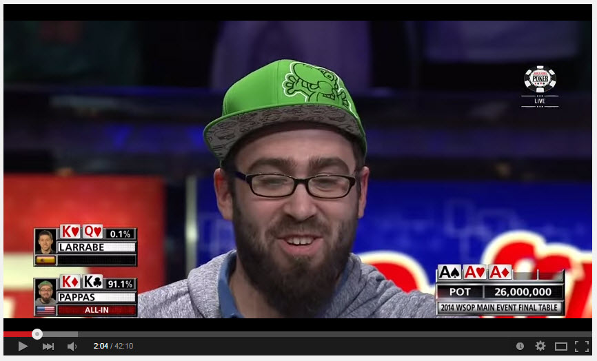  larrabe all-in here, justified? I think not. &nbsp;Amateur poker face here from Pappas (lovable guy) 