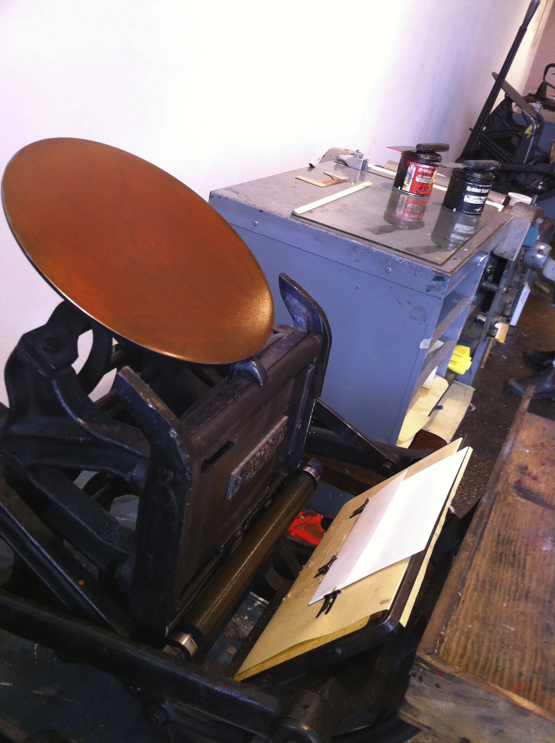 Here is the C&P Pilot platen letterpress at The Arm letterpress collective in Williamsburg on which we have printed our business cards, as well as one-off broadsides, mini coinsides and other projects.