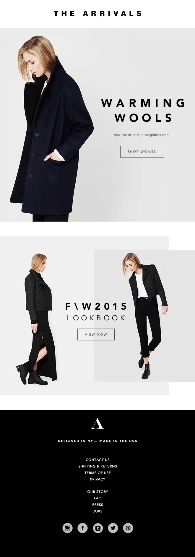  Newletter email for&nbsp;architecture inspired outerwear collection–The Arrivals. 