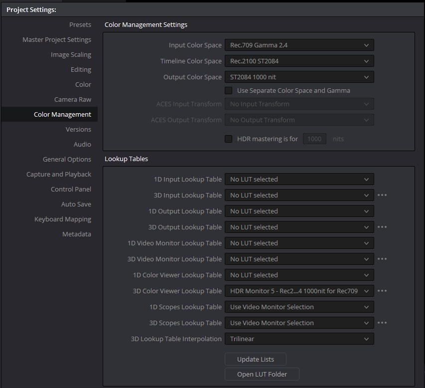 "Color Management" tab can be found by going to "File" > "Project Settings"