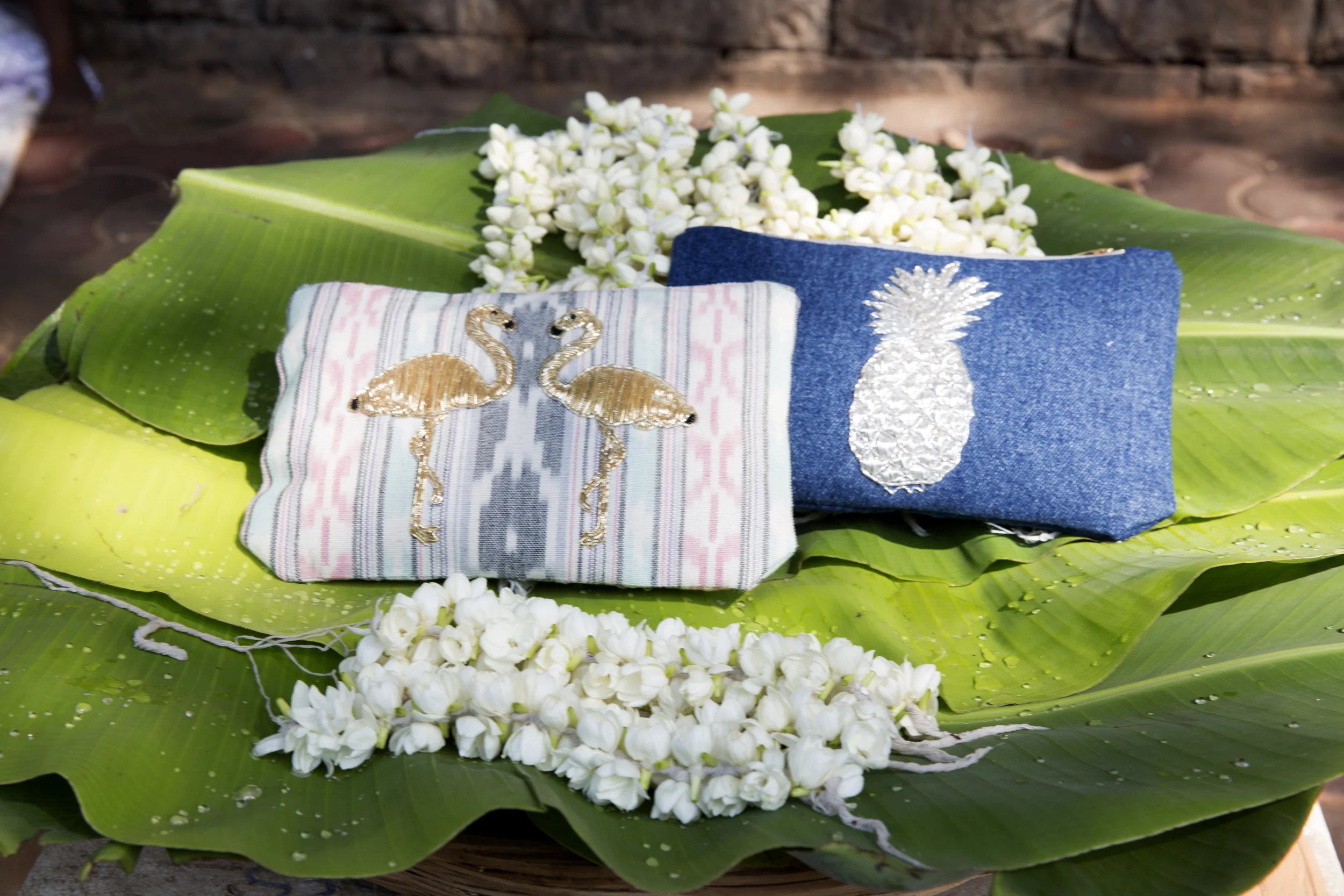 Fabulous Flamingo's Pouch in Pastel Ikat with Mai Tai Pouch in Denim