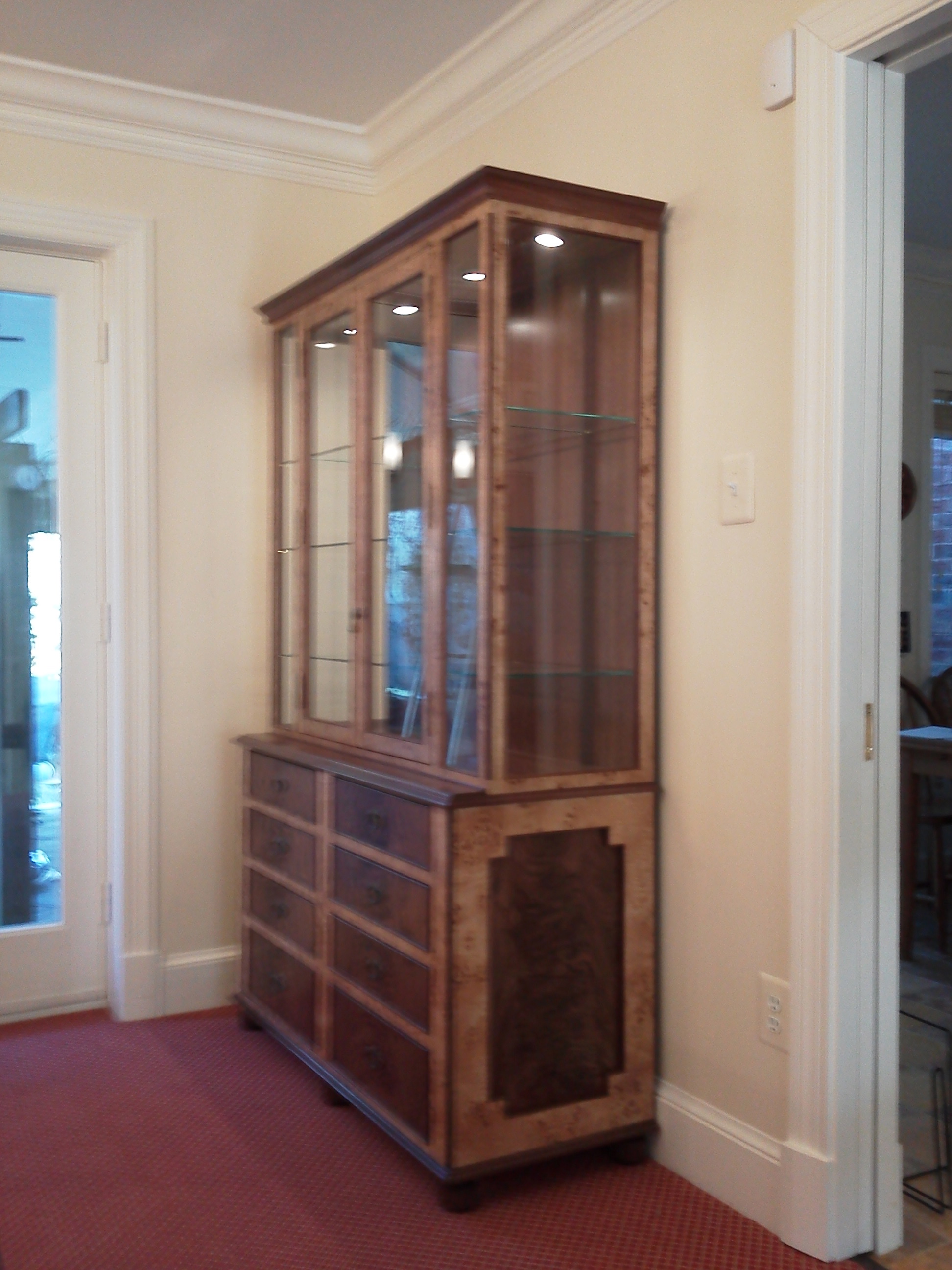 Crotch walnut and mappa burl display cabinet.