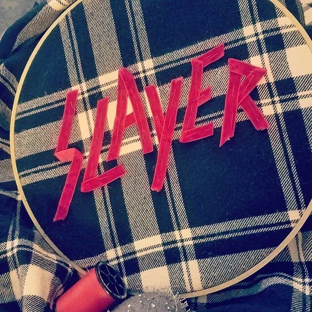 Lil velvet ribbon embroidery project ✂️🎀 cool-ifying my pj's, sry gotta go scream thrash metal into my hairbrush rn k byeee 🤘🏻🎤 #embroidery #redvelvet #slayer #wip @slayerbandofficial