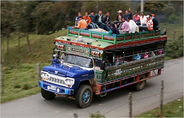 A Colombian "chiva", an inexpensive mode of transportation used in rural parts of the Colombian countryside.