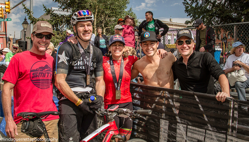 Tim Commerford—black jersey—after finishing Leadville 100. Dave Zabriskie is on the far right (Photo: lindaguerrettephotography.com)