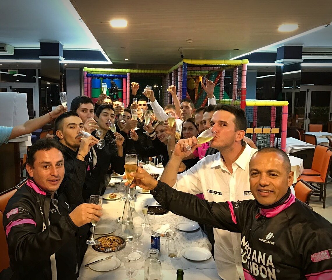 The team celebrates their Vuelta a España invite during the Vuelta a Catalunya (Photo: Manzana Postobon)