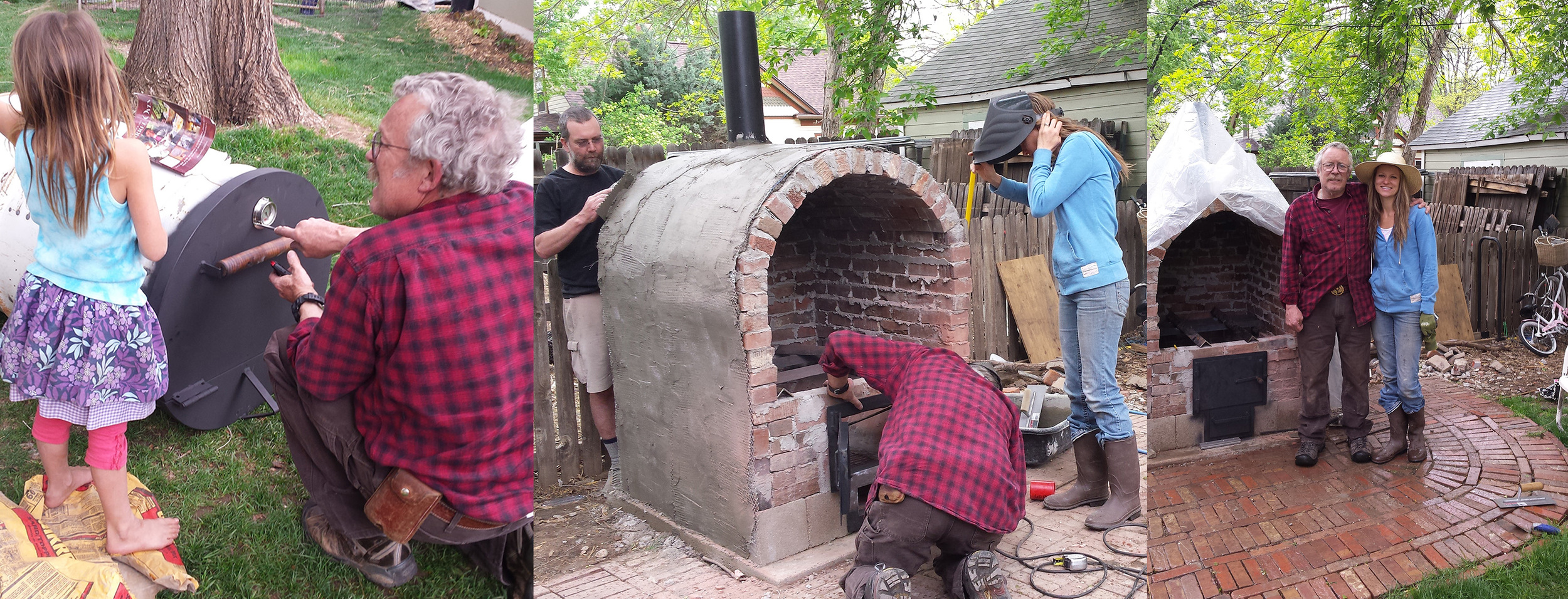 Scott bringing the barrel over to set in place, welding the firebox door in, first top coat going on the brick. Grateful to have met Scott and become friends through this project!