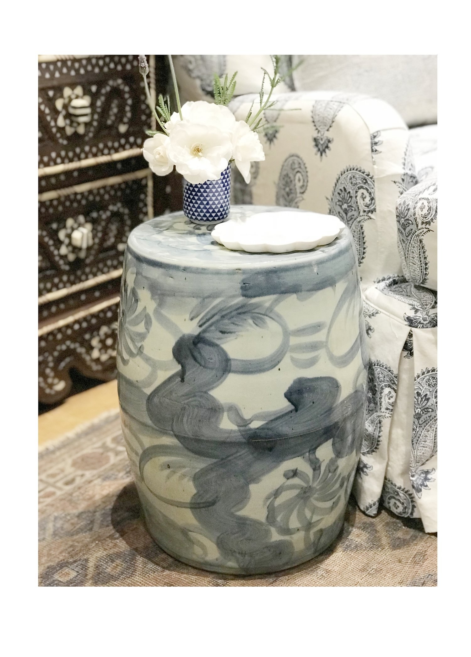 Rooms & Gardens — Blue & White Garden Stool (staff favorite!)