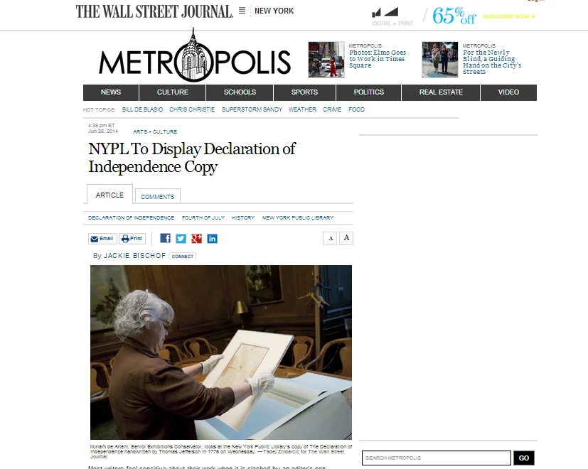 Declaration of Independence for The Wall Street Journal , USA.