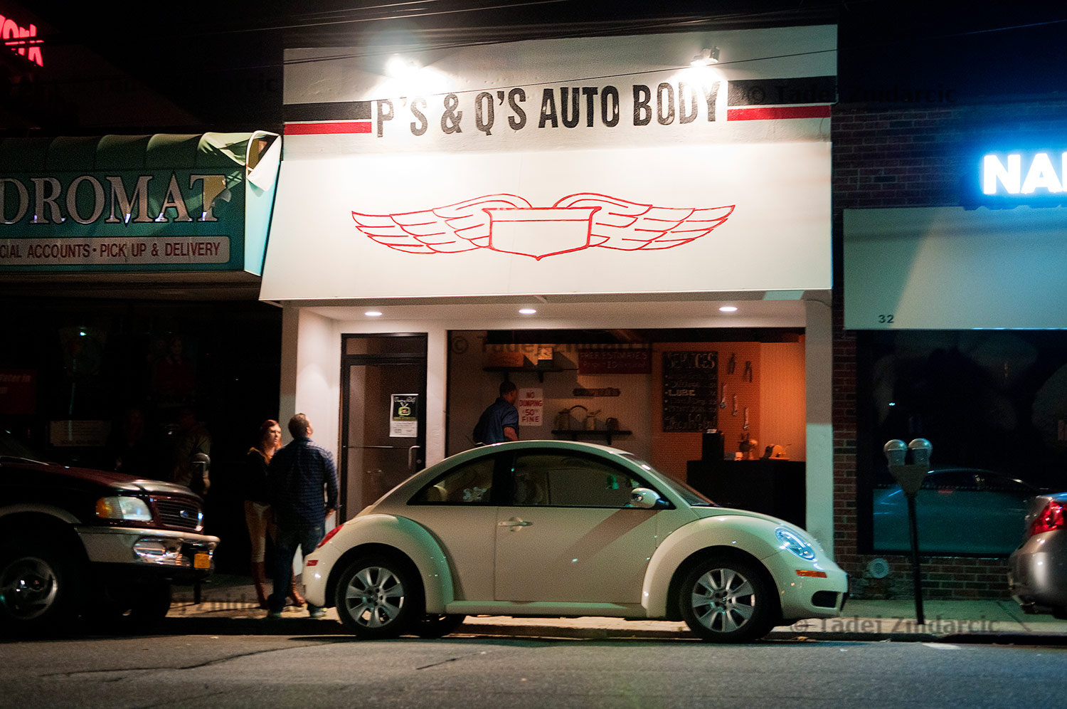 Entrance to P's & Q's Auto Body club in Huntington, Long Island.