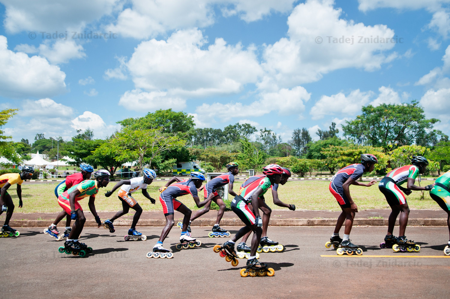 Inline skaters from Kenya, Uganda, South Africa, Egypt, Ghana, and Cameroon begin the 5000m race during Africa Inline Speed Roller Skating Championships held at Moi International Stadium in Nairobi, Kenya. For most of Ugandan skaters the Championship held in Kenya was the only big international competition they could attend. Races in more distant countries are financially out of their reach.