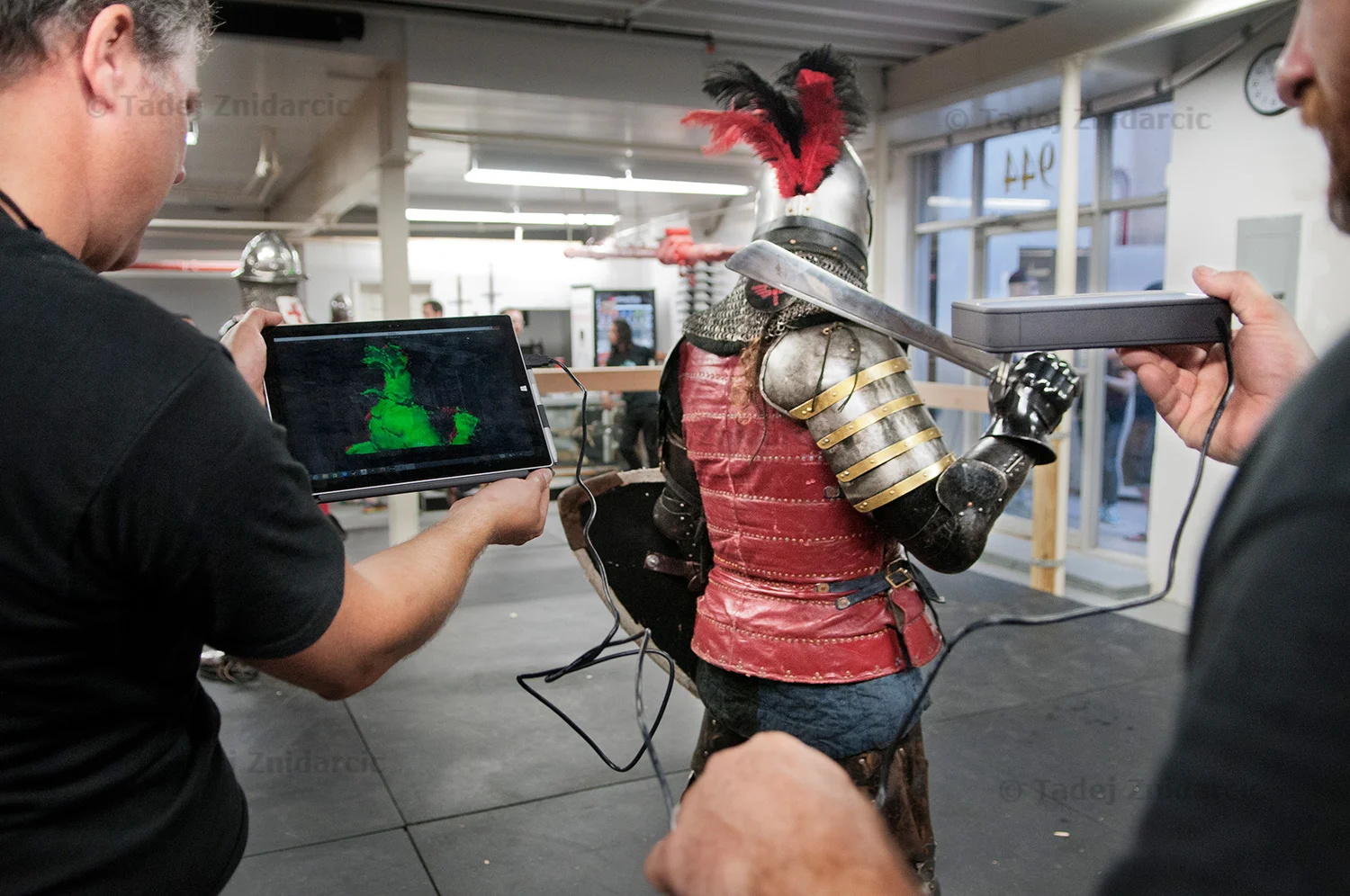 Steven Battles and Stephen Parker record a 3-D image of Sam Awry at Sword Class NYC in Harlem, NY.