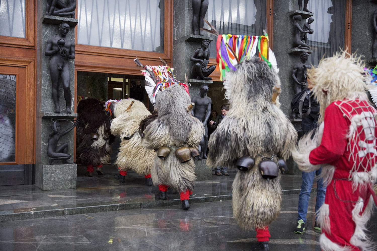 Korants enter Slovene national parliament in the capital Ljubljana. Every year, a group of korants visits the parliament to bring good fortune to politicians and to secure pledges of government support for festivities in the northeast of the country. 