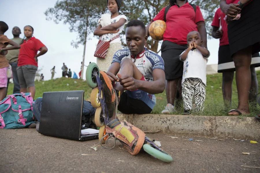Peter prepares for practice at Mandela National Stadium.