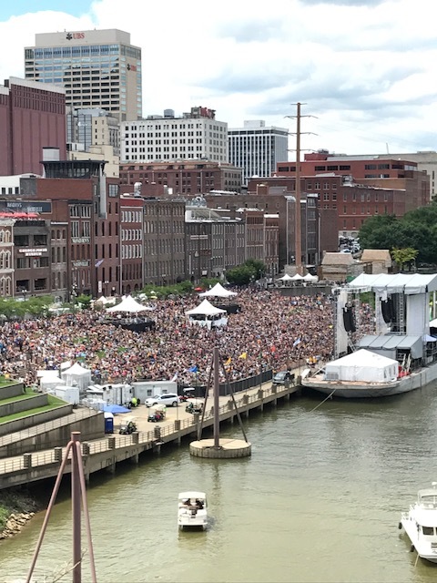 The view of downtown Nashville from the bridge.
