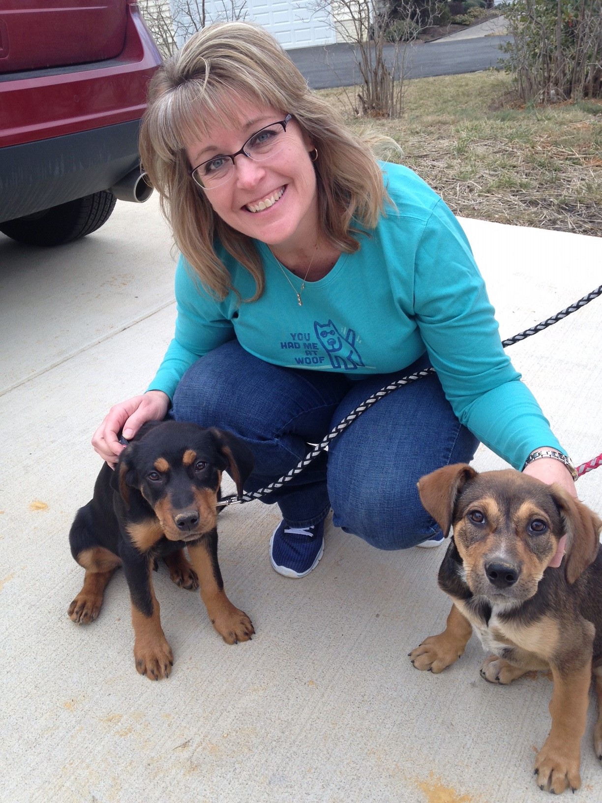 Kristin with a family member's rescue dogs.