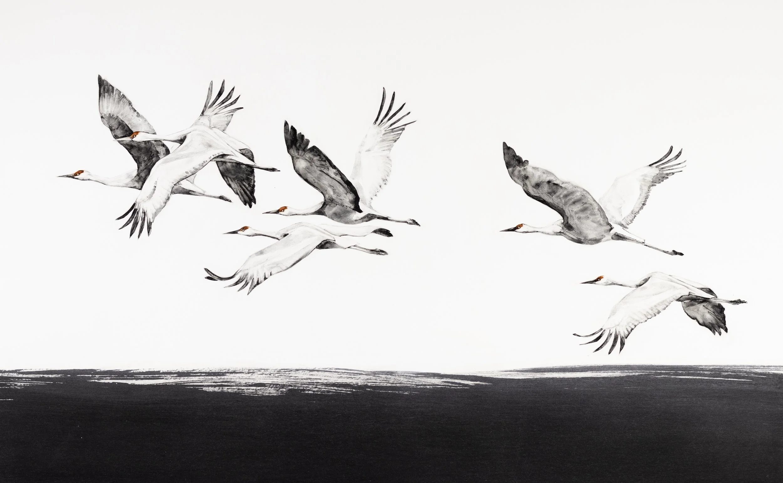  On the Wing  / 2025 / handmade watercolor on Rives BFK paper with clay ground / 15 x 23 