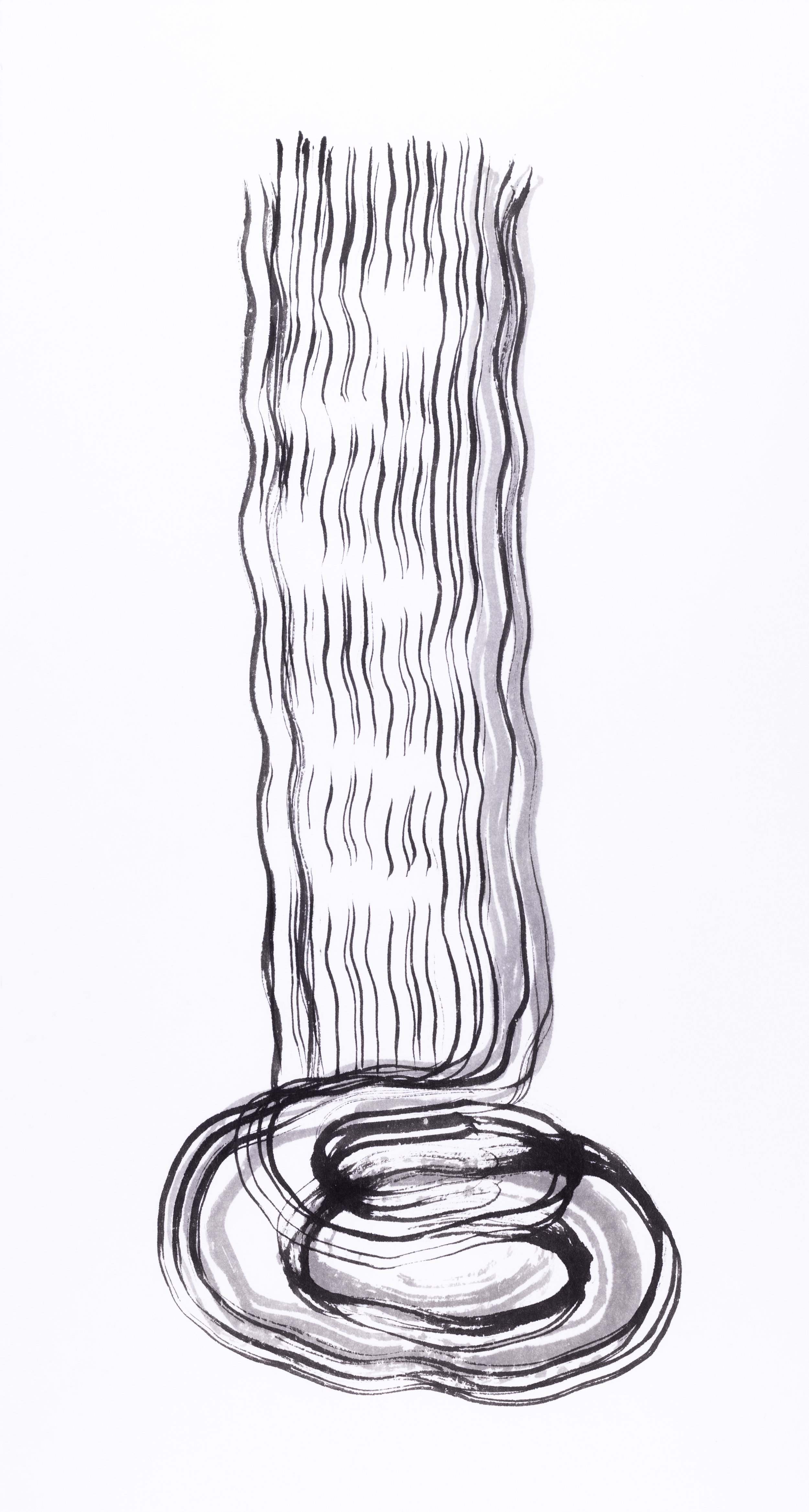  Waterfall 2 / 2025 / sumi on kozo paper with badger brush / 30 × 18 