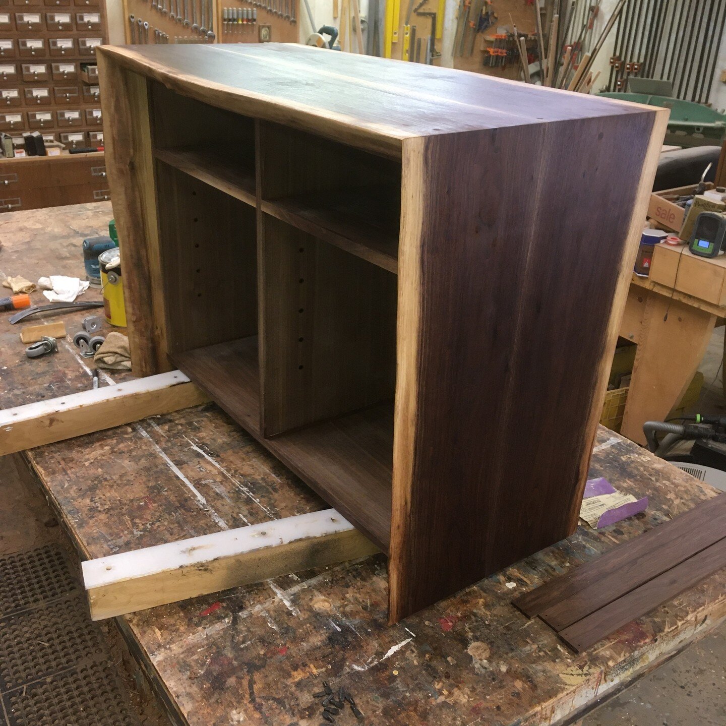 Beautiful custom solid walnut sideboard in progress, featuring solid walnut &quot;ombre&quot; slats on the backside.