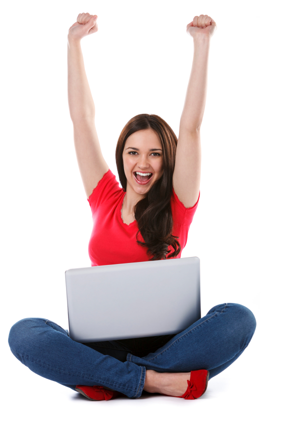Female student with a laptop cheering in success