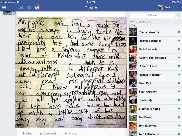 Inspiring letter from student to me, when I was speaking at Lee Elementary School 9/17 - 9/19.