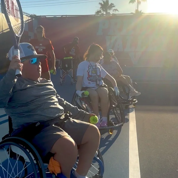 100 degrees outside and our wheelchair tennis athletes show up to Fresno State tennis complex. Thx to FSU head coach Denise for allowing and supporting our Valley Children&rsquo;s Hospital Adaptive Sports program. Coach Sandy, coach Pang &amp; the vo