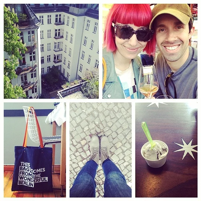 Clockwise from top left: courtyard of our airbnb; enjoying wine in the street; German ice cream; my feet touched Europe for the first time today; my first souvenir (of many, I'm sure)