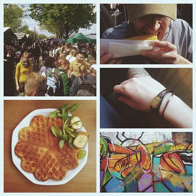 Clockwise from top left: Mauerpark flea market; corn from the market; second Berlin souvenir; colorful graffiti; cinnamon sugar waffle snack