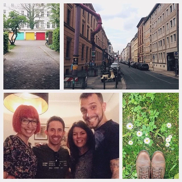 Clockwise from top right: colorful garages; spent some time exploring Mitte; cemetery daisies; a delightful dinner in the Berlin home of Sarah and Yasha