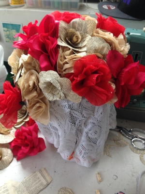 Headdress of silk and handmade paper flowers