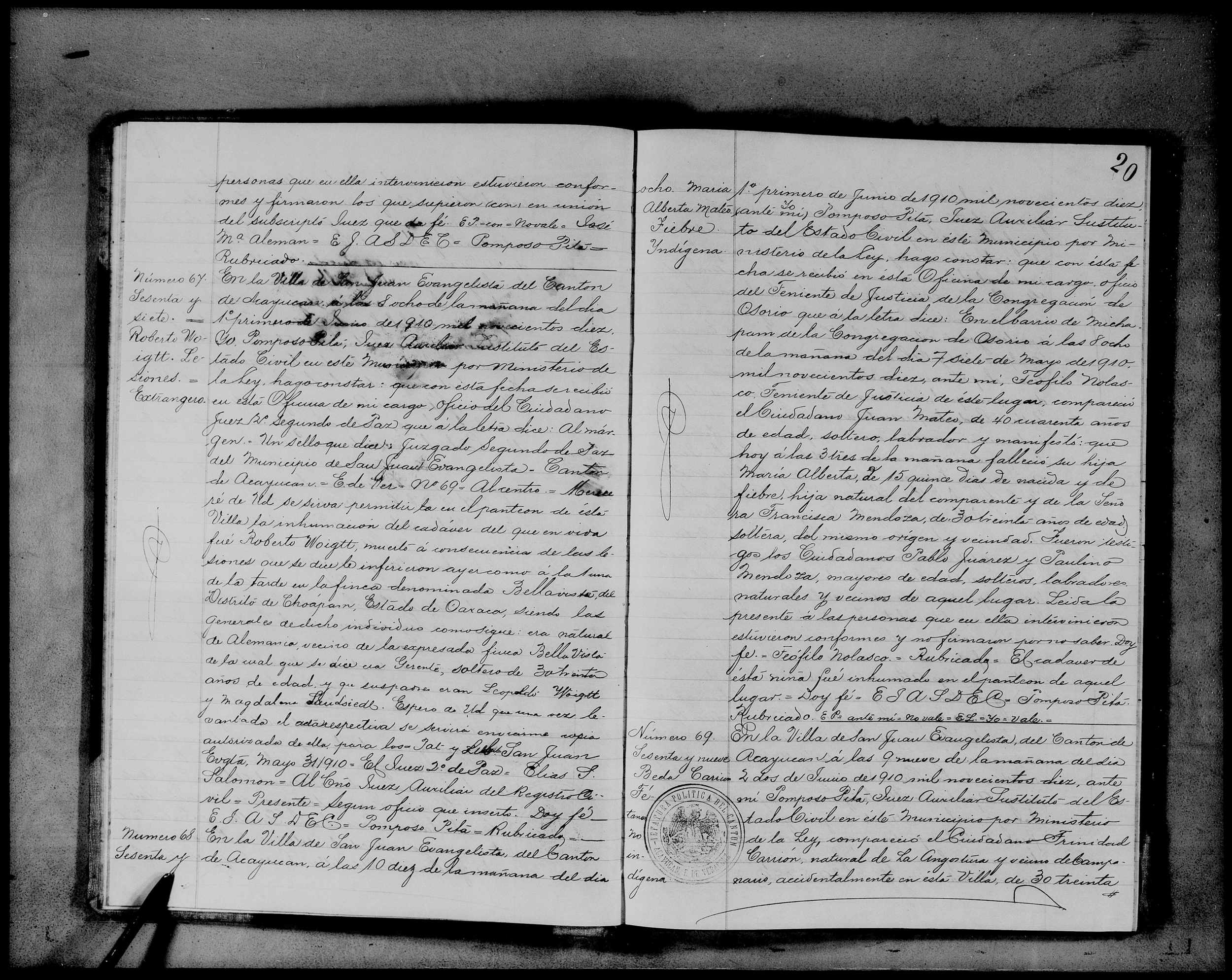 Civil Death Registration, San Juan Evangelisa, Veracruz-Llave, México, 1910