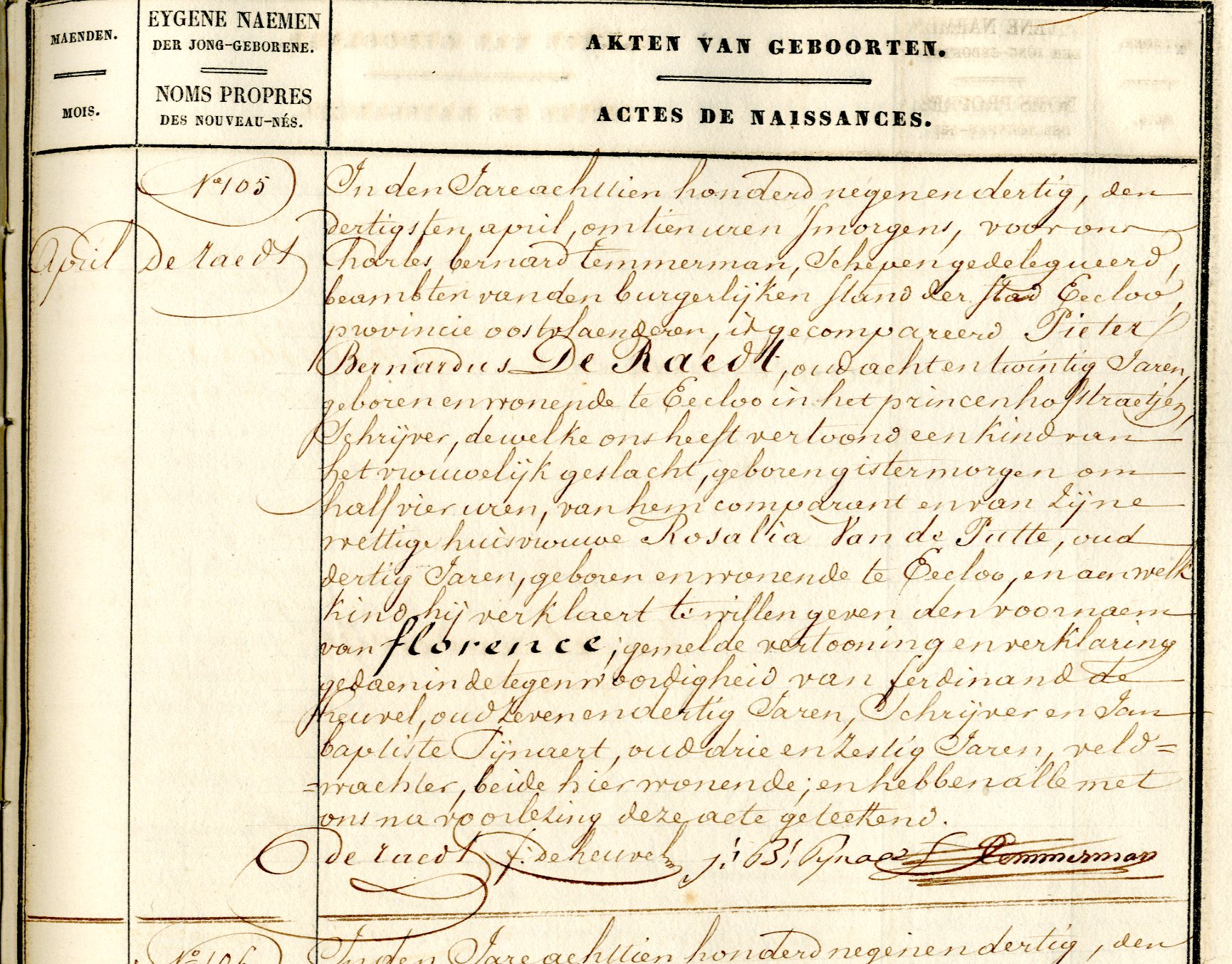 Civil Birth Registration, Eeklo, Oost-Vlaanderen, Belgium, 1839