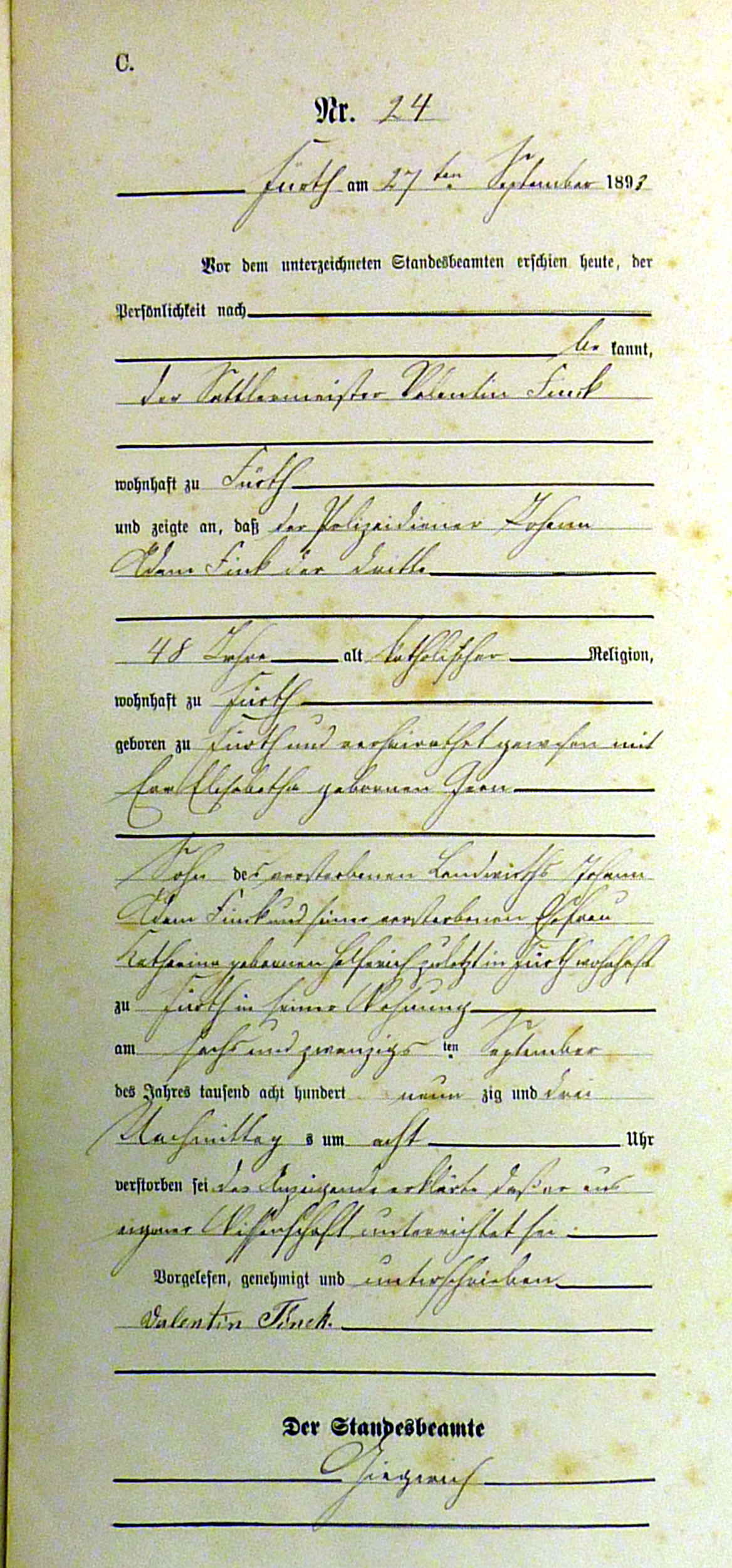 Civil Death Registration, Fürth, Darmstadt, Hessen, Germany, 1893