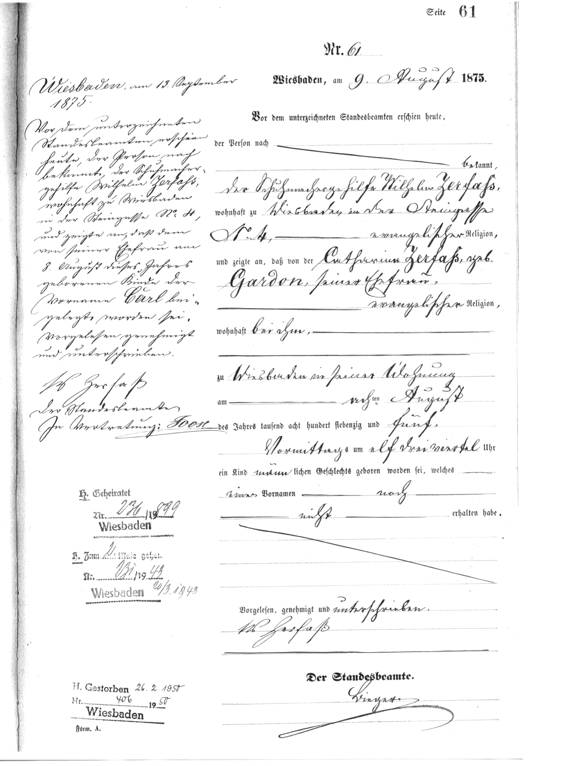Civil Birth Registration, Wiesbaden, Darmstadt, Hessen, Germany, 1875