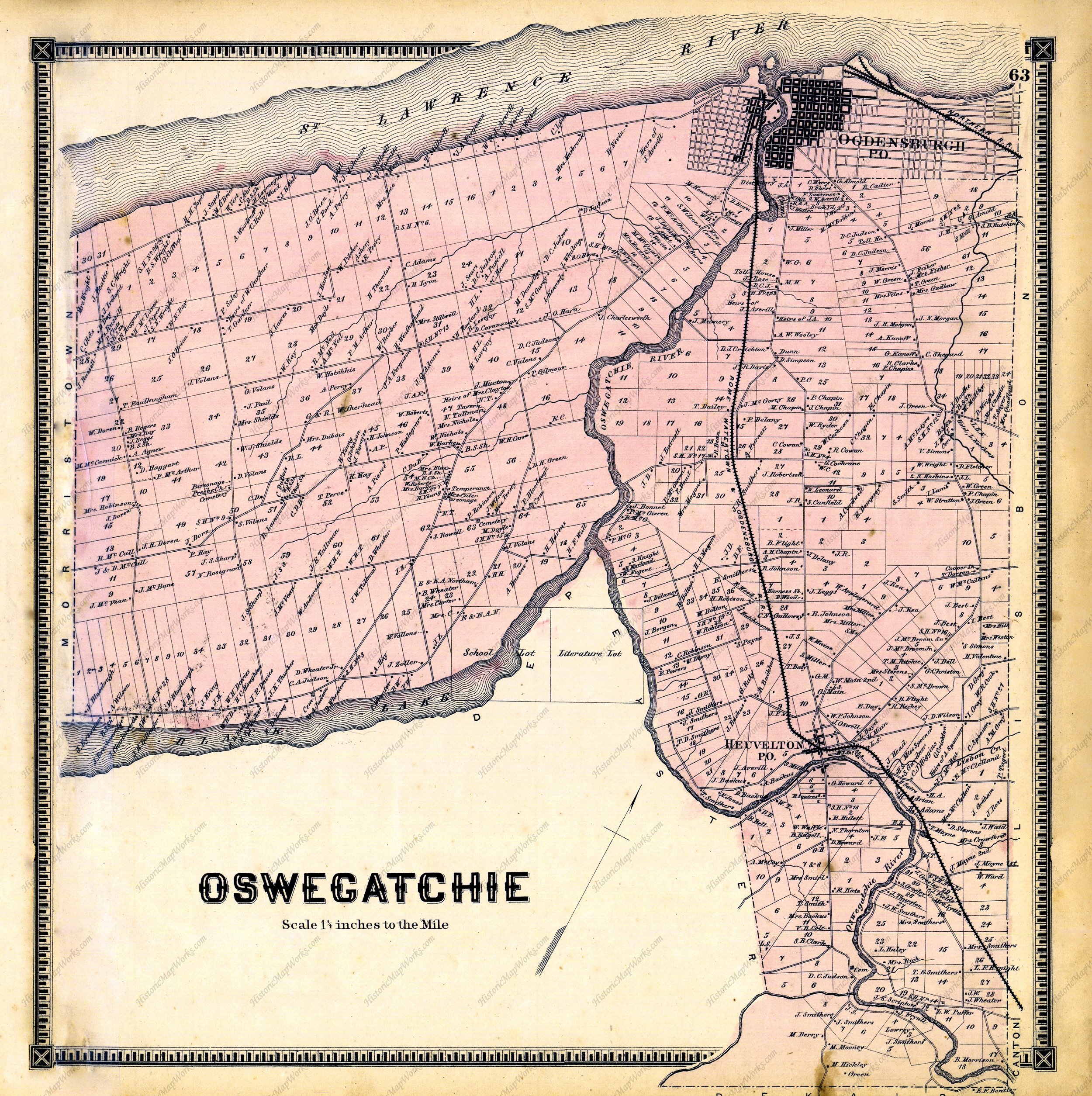 Land-owner map, Oswegatchie, Saint Lawrence, New York, 1865