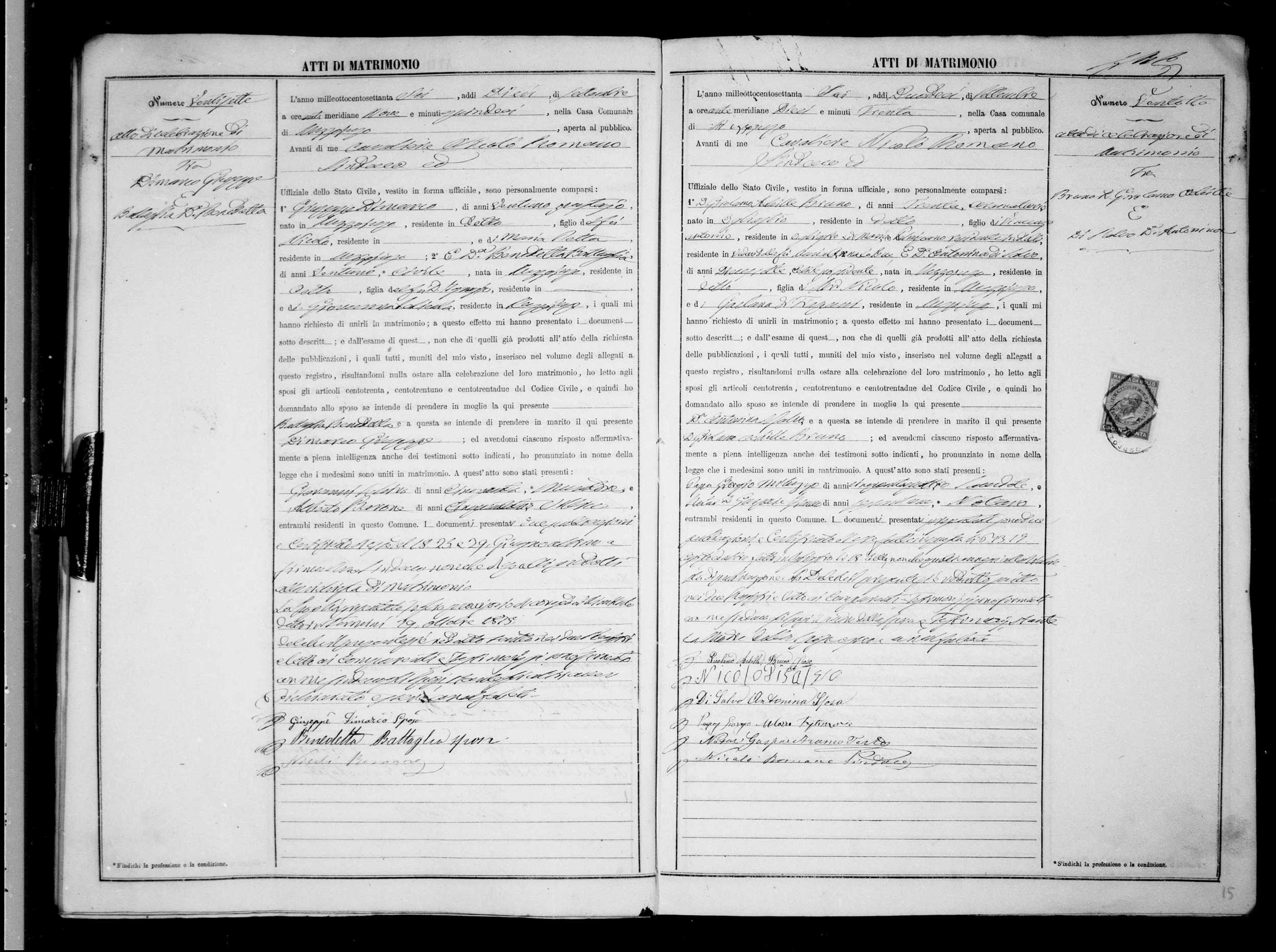 Civil Marriage Registration, Mezzojuso, Palermo, Sicilia, Italia, 1876