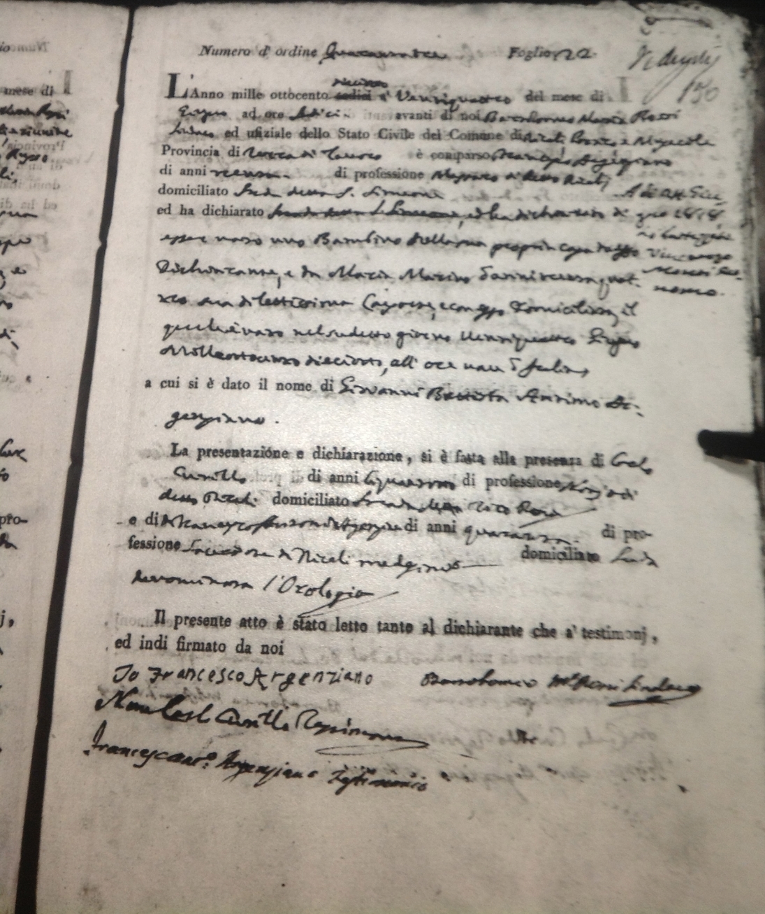 Civil Birth Registration, Recale, Kingdom of Naples, 1818