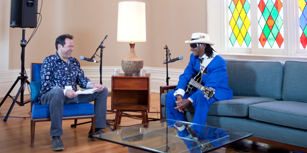 Rob Payer interviewing Little Freddie King during the 2014 Backstage at the Blues Fest. Photo by Brian Baiamonte.