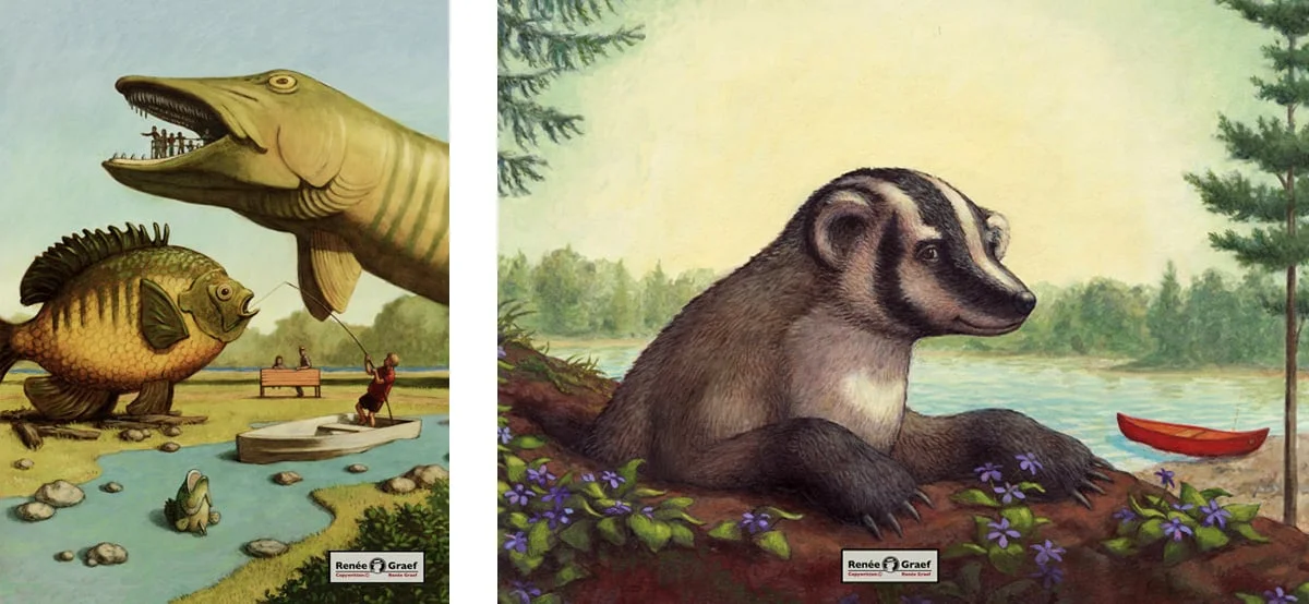 "M is for Musky" and the cover of "B is for Badger". Oil paintings on Crescent illustration board.