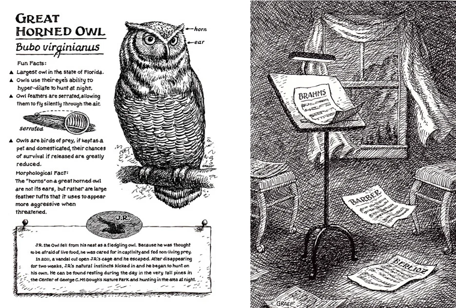 Signage for Largo Park in Florida and Recital Cover for Victoria Benson. Pen and ink.