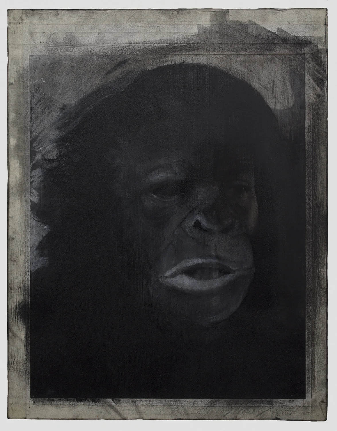 Hominin Portrait #1 2014 / 18" x 14" Acrylic, Charcoal, Conte Crayon, Ink, Pastel, Print and Tape on paper on wood panel