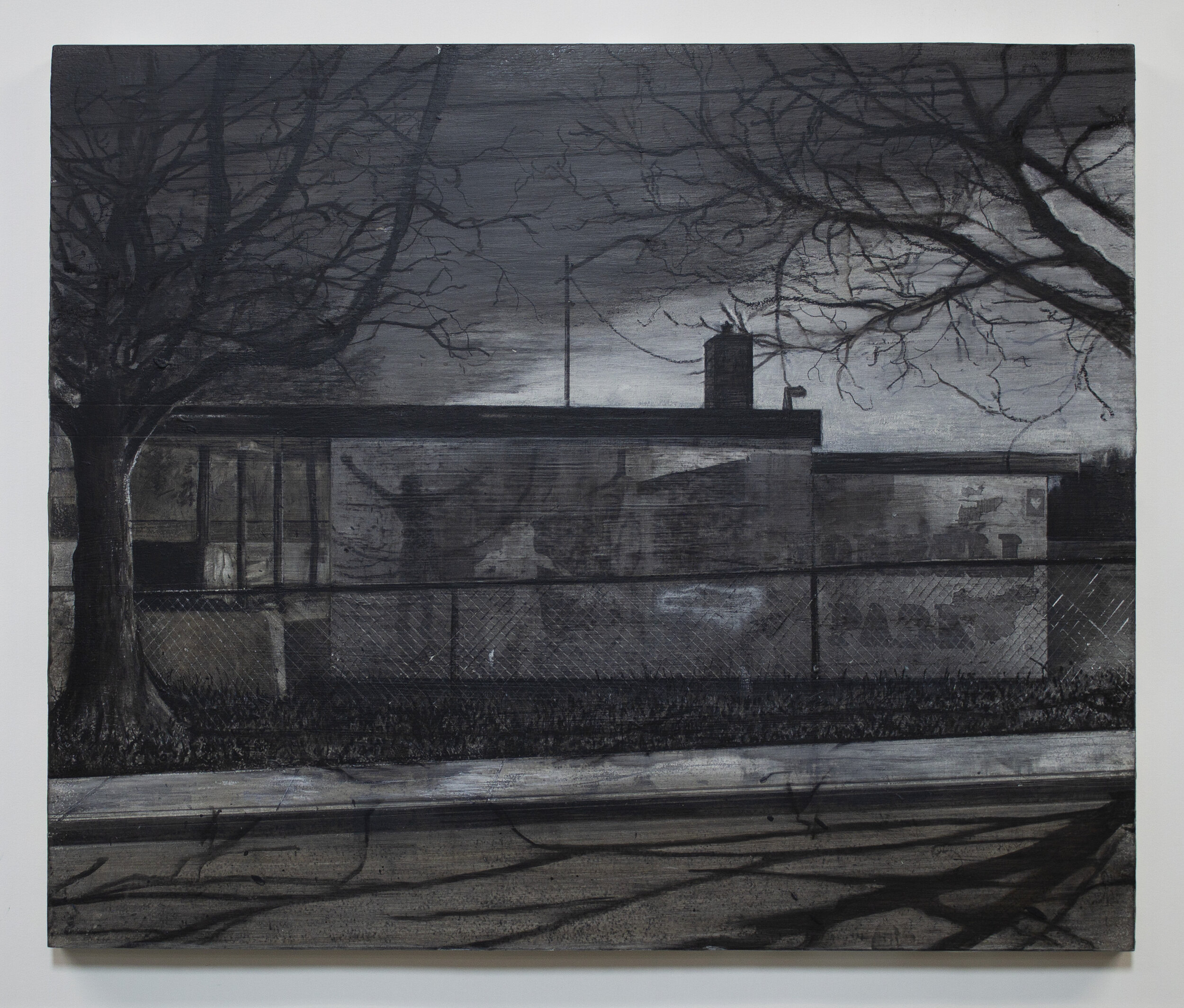  Tolley Park #1  2019 / 24"x20"  Acrylic, Charcoal, Digital Print, and Ink on wood Panel 