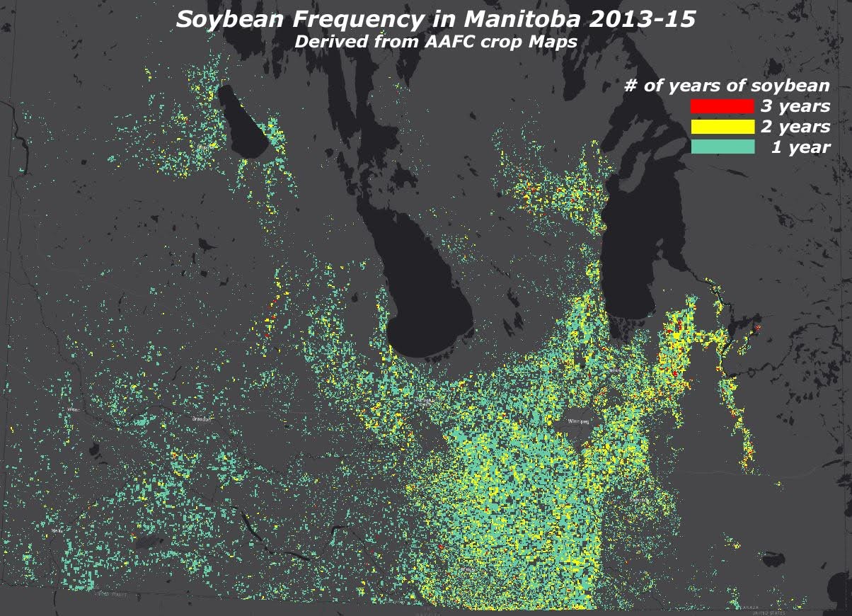 The Crop Inventory Map captures changes in agricultural land expansion and contraction (often due to urban expansion), as well as production trends. This map shows the significant spread of soybeans across Manitoba and the Prairies.