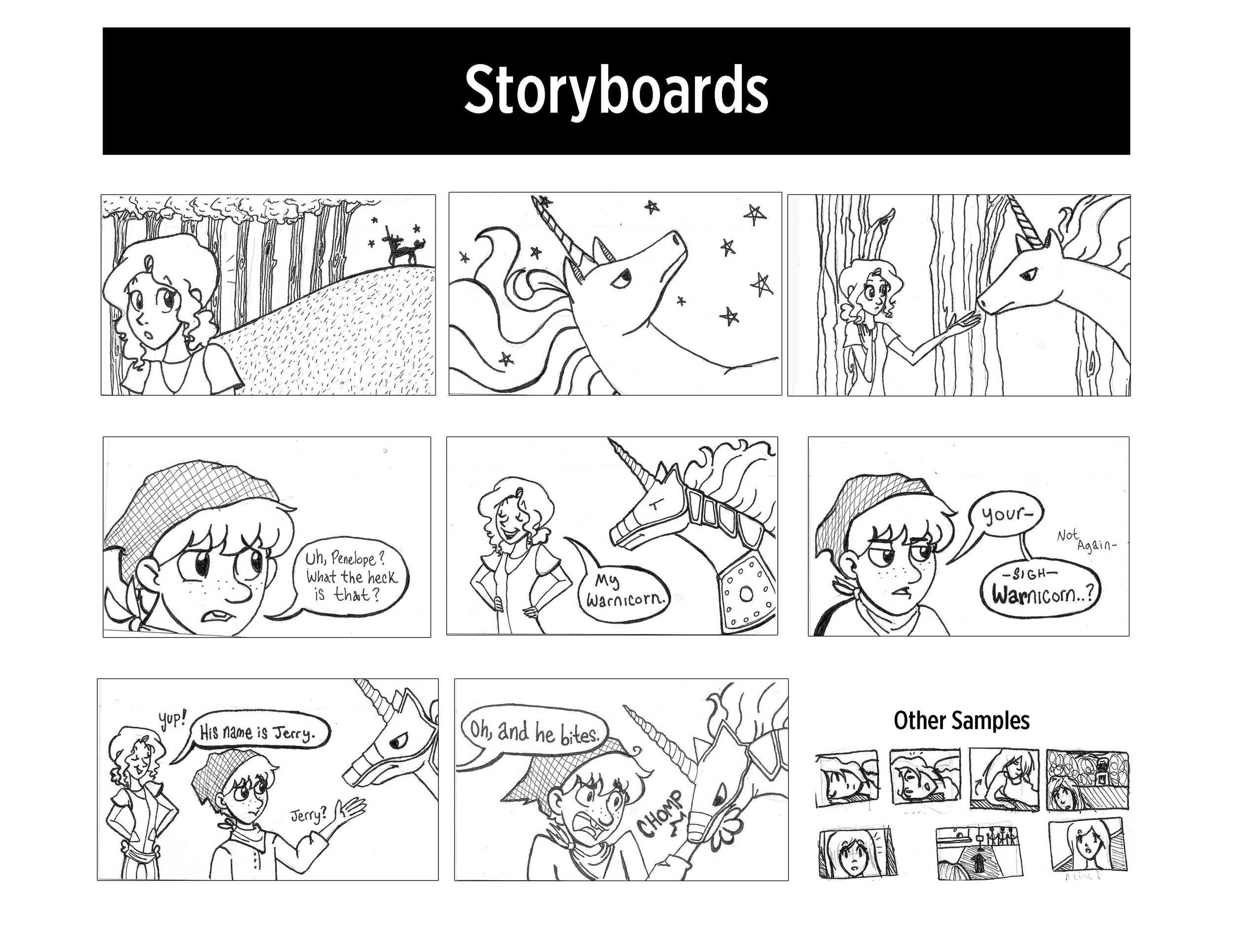 Storyboarding examples of self created stories Princess Penelope and Newly Deads.