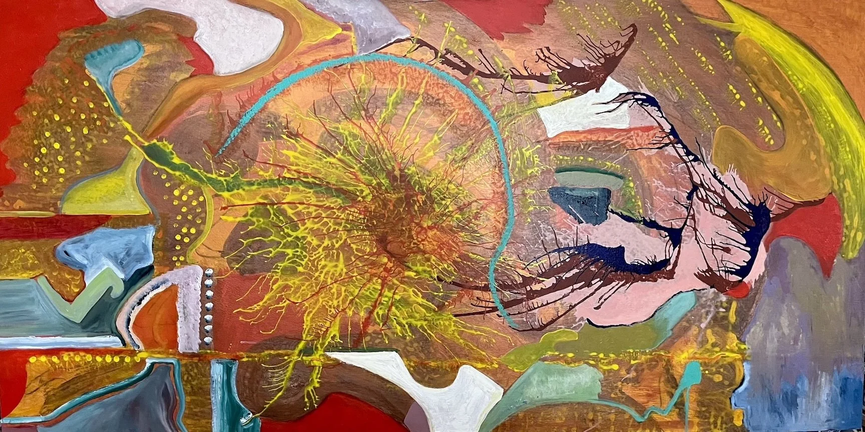  COLD BLOODED, acrylic, ink, paint skin collage, and paint pens on 24X48 inch birchwood panel. 2026 